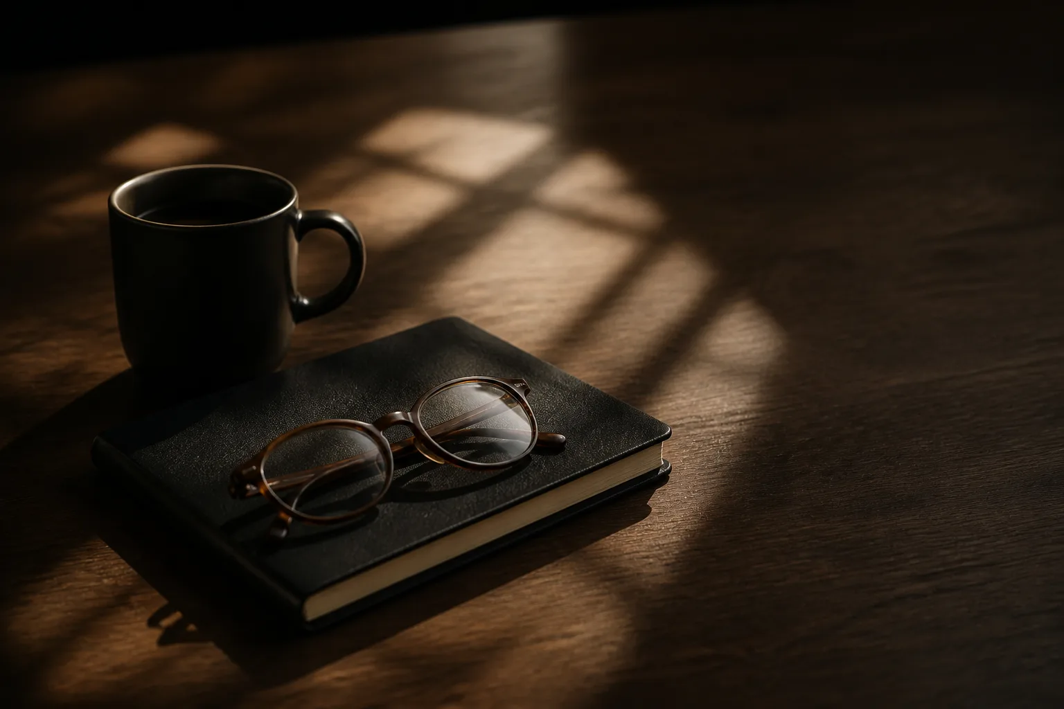 Carnet, lunettes et tasse sur une table